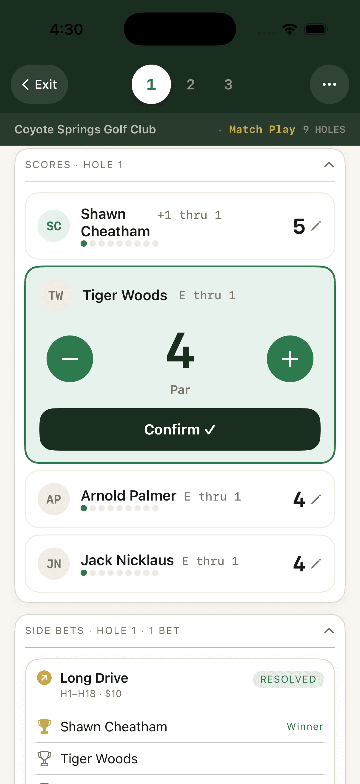 Scorecard — hole-by-hole strokes with side bets attached
